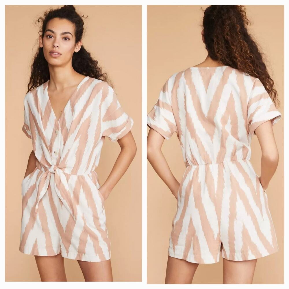 Lou & Grey Loft Chevron Romper V-neck Cotton Short Sleeve Pockets Women Size M